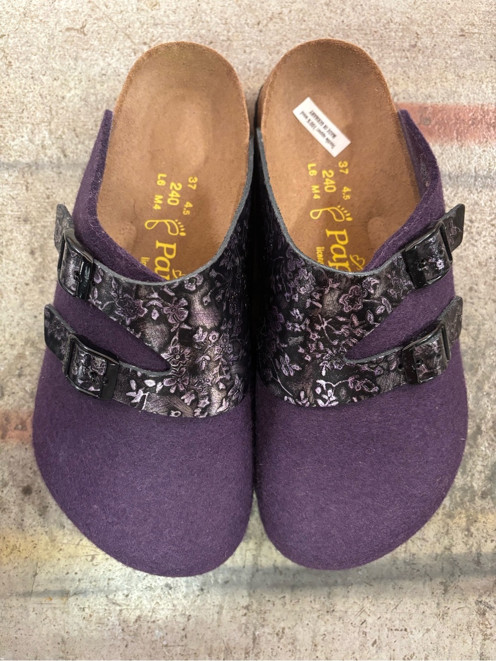 Birkenstock Purple Wool Clogs with Floral Metallic Straps